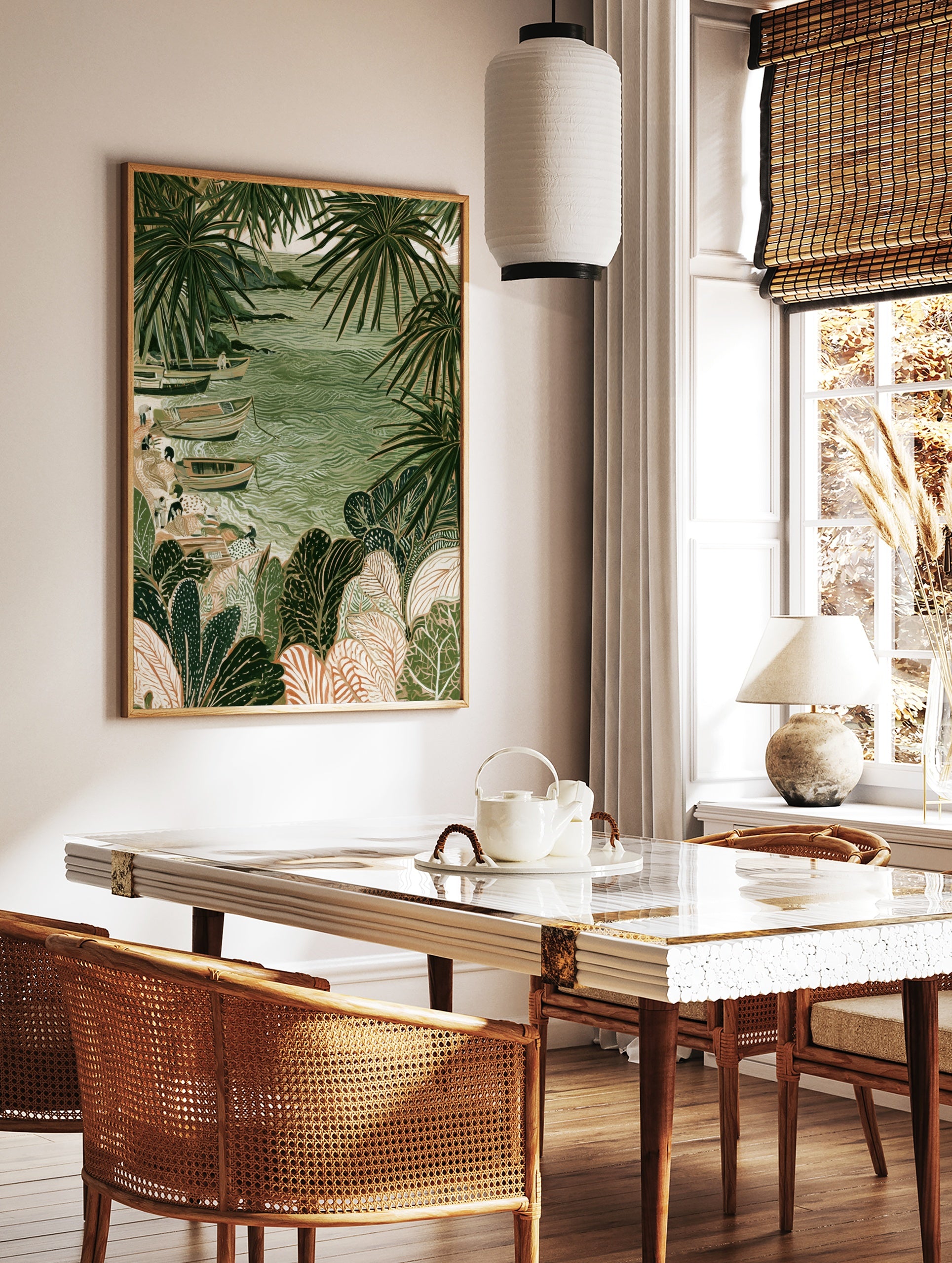 Coastal fishing boats on sand surrounded by large tropical palm leaves in a green illustrative art, in a styled room mockup