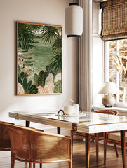 Coastal fishing boats on sand surrounded by large tropical palm leaves in a green illustrative art, in a styled room mockup