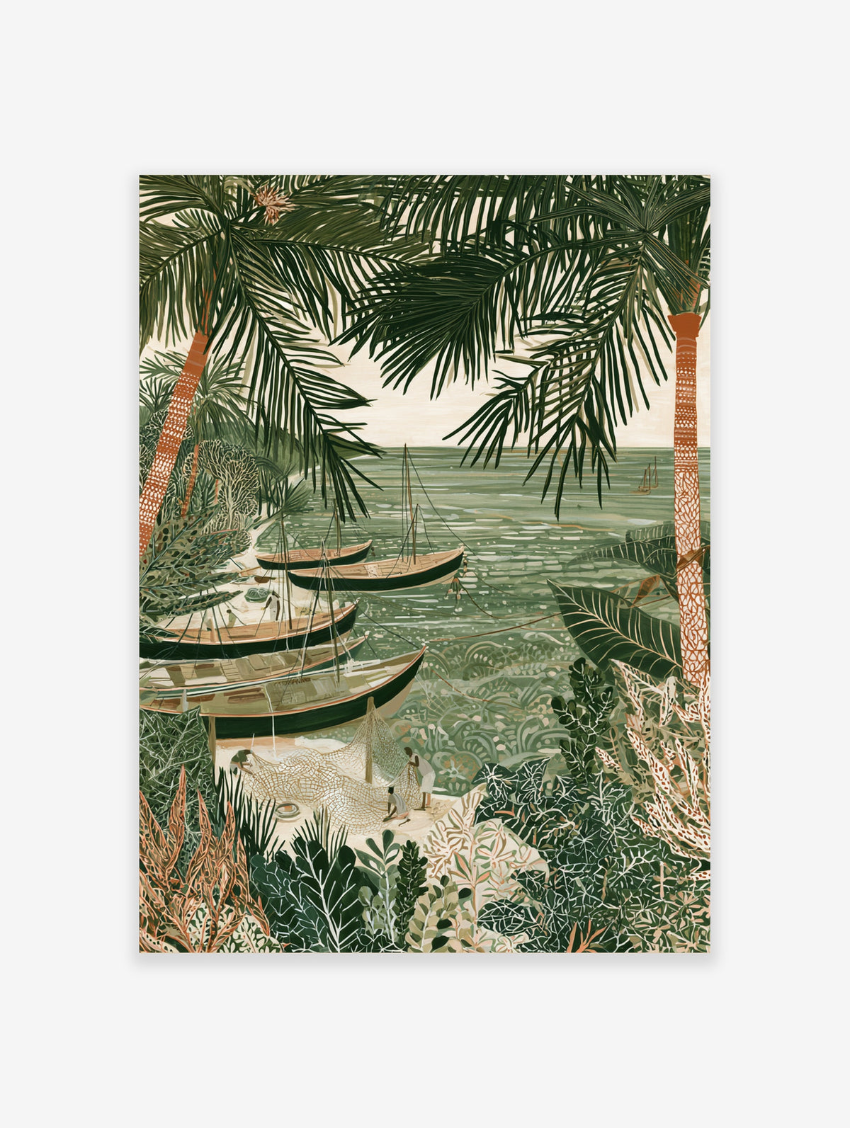 Illustrative coastal fishing scene wall art with dhow boats, palm trees, and fishermen on a sandy beach in green tones
