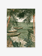 Illustrative coastal fishing scene wall art with dhow boats, palm trees, and fishermen on a sandy beach in green tones