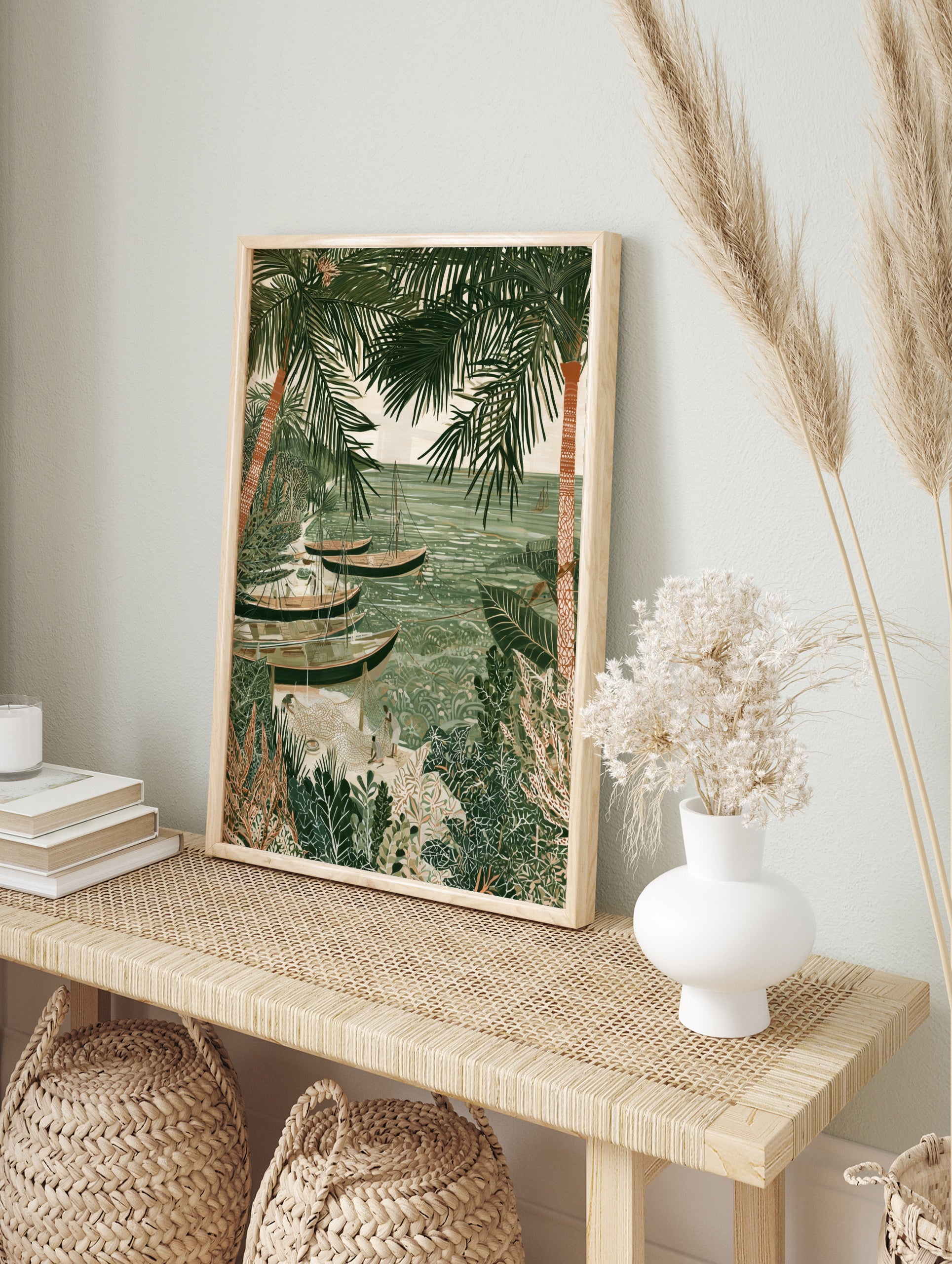 Illustrative coastal fishing scene wall art with dhow boats, palm trees, and fishermen on a, in an alternate framed mockup