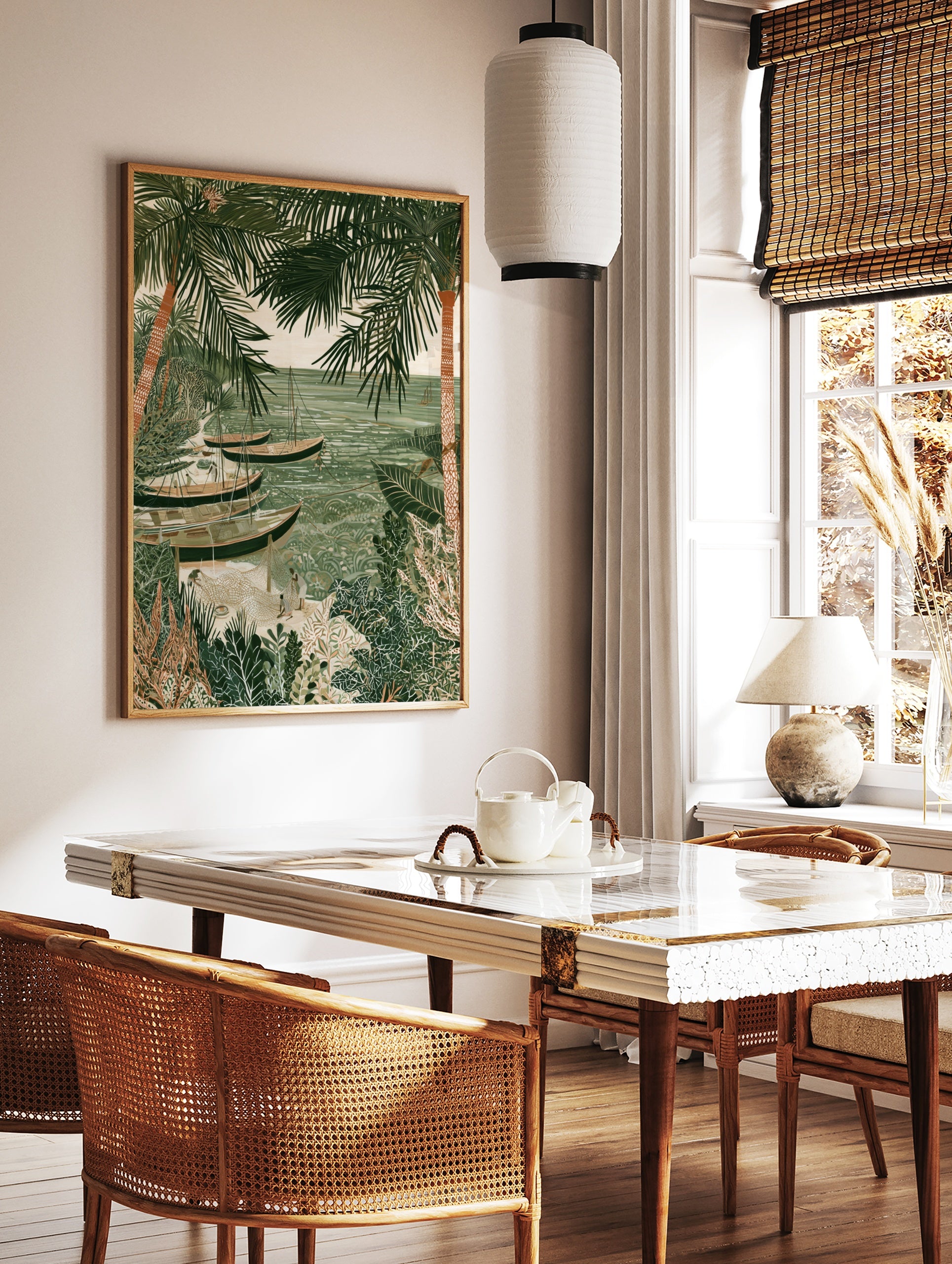 Illustrative coastal fishing scene wall art with dhow boats, palm trees, and fishermen on a sandy, in a styled room mockup