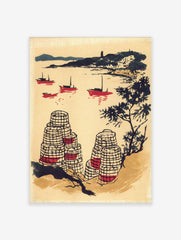 Illustrative coastal scene with red fishing boats, dark hills, and patterned lobster pots in foreground