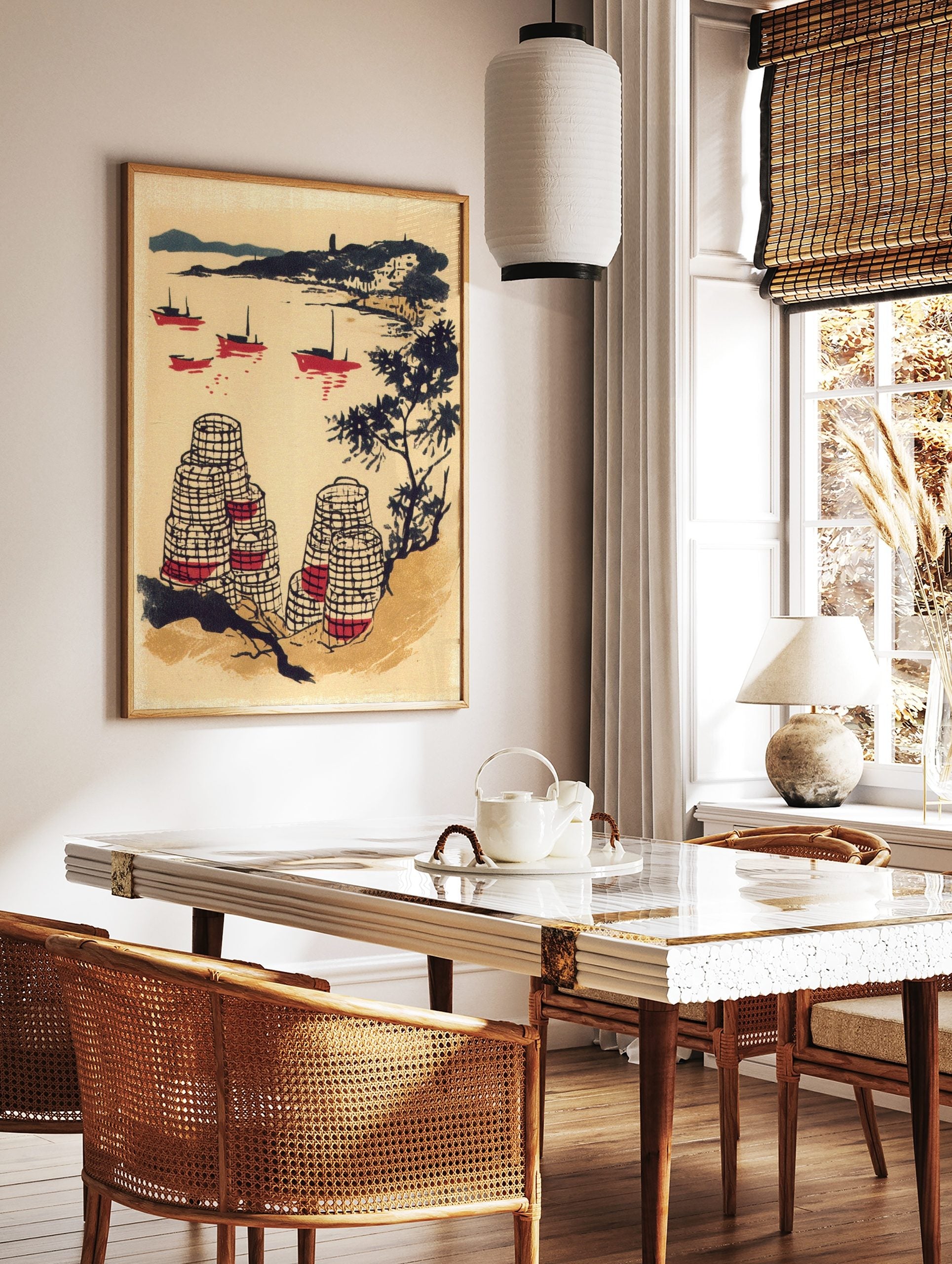 Illustrative coastal scene with red fishing boats, dark hills, and patterned lobster pots in, in a styled room mockup