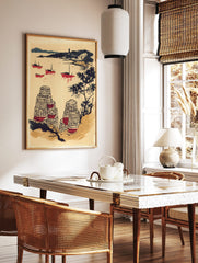 Illustrative coastal scene with red fishing boats, dark hills, and patterned lobster pots in, in a styled room mockup