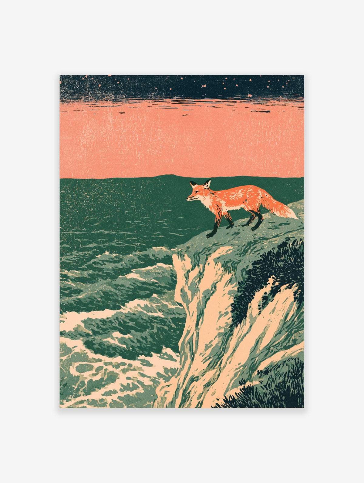 Red fox standing on a green cliff above sea waves, peach sky and starry night, animal art print