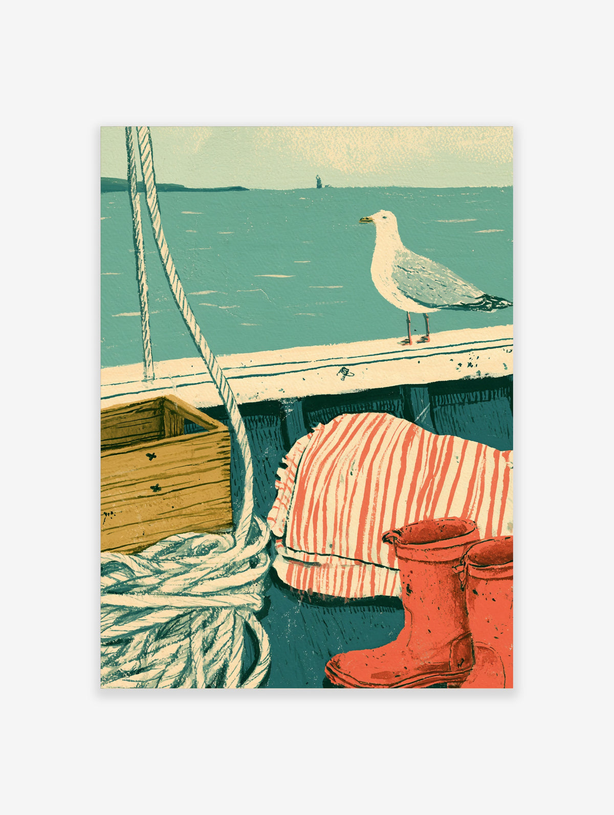 Coastal harbour art print with seagull on white pier, rope, crate, striped cloth and red boots by teal water