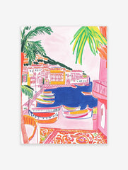 Colourful illustrative wall art of a coastal village with boats in a blue harbour and palm trees