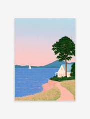 Minimalist coastal landscape art print featuring a white house on a cliff, a sailboat, mountains, and a soft pink sky