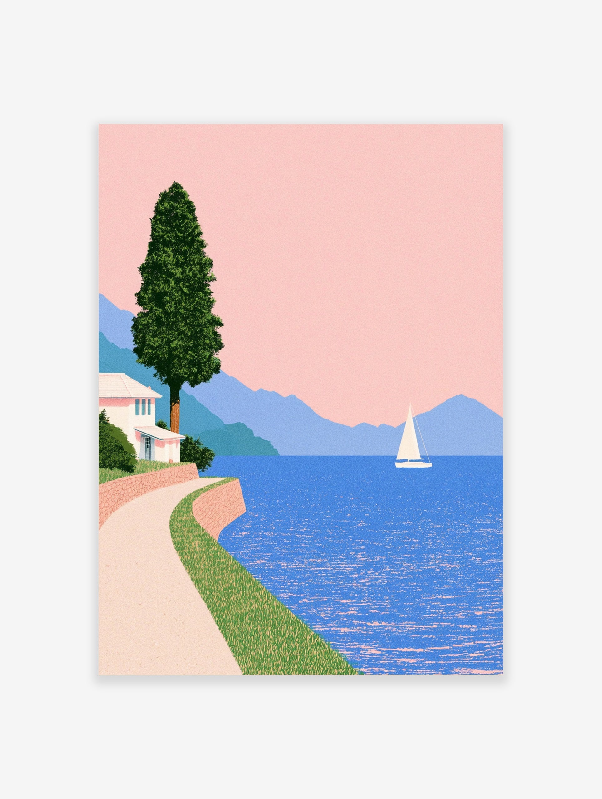 Minimalist coastal wall art featuring a white house, winding path, sailboat, and blue mountains under a peach sky