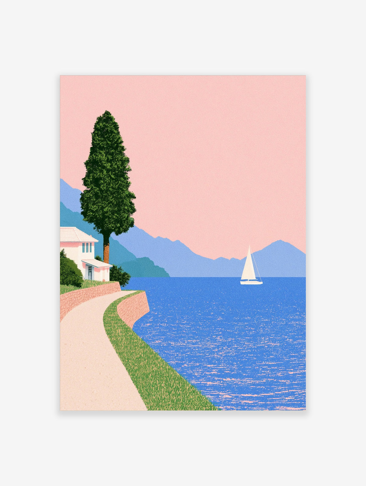Minimalist coastal wall art featuring a white house, winding path, sailboat, and blue mountains under a peach sky