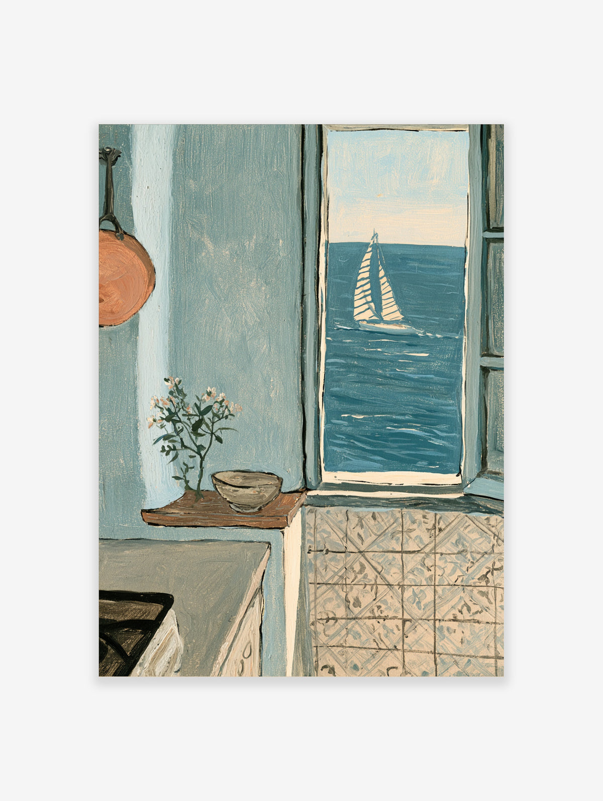 Coastal kitchen poster of a sailing boat seen through a window, with copper pan and flower sprig