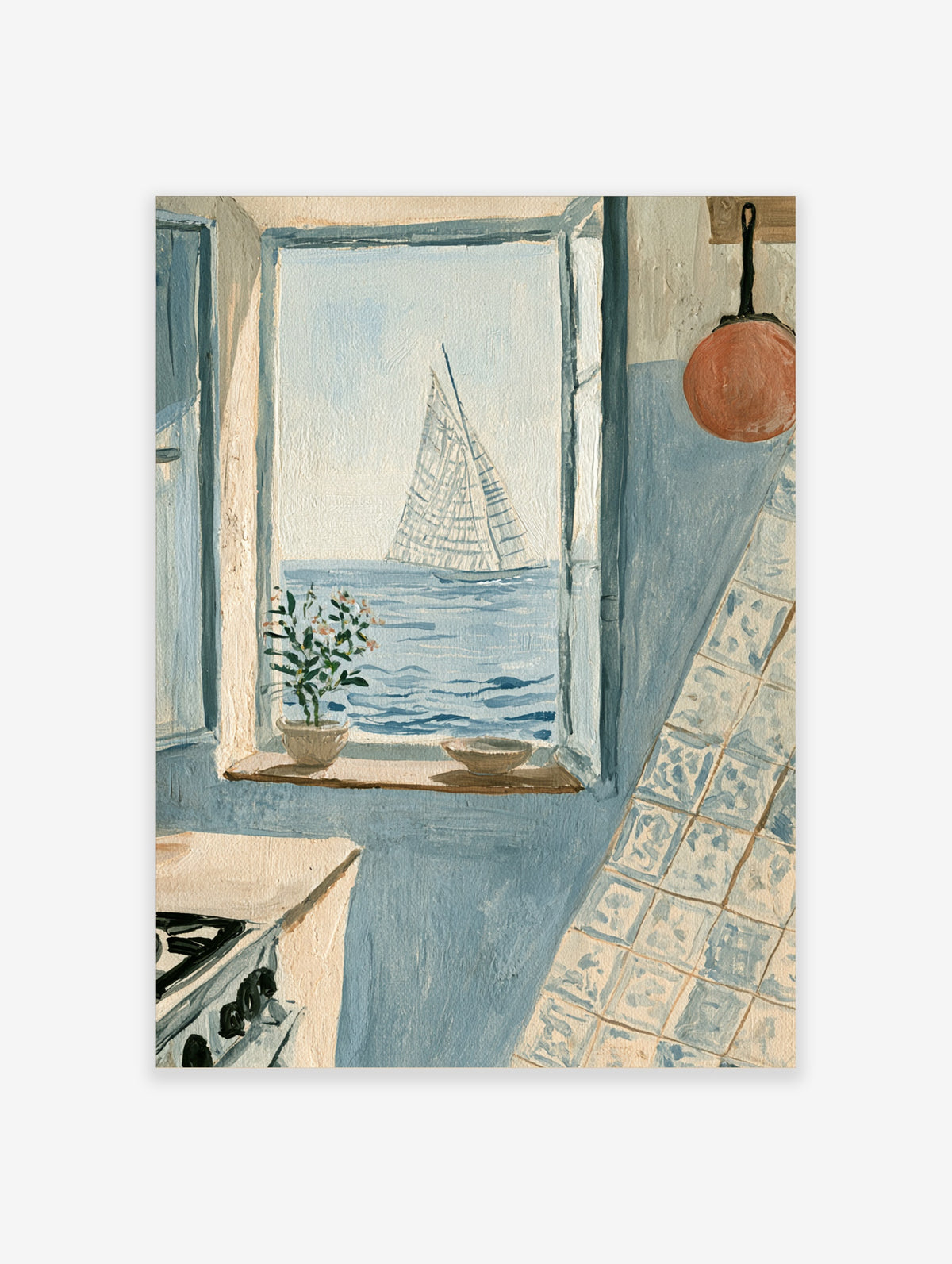 Coastal kitchen poster of a sailing boat seen through an open window with a plant and bowl on the sill