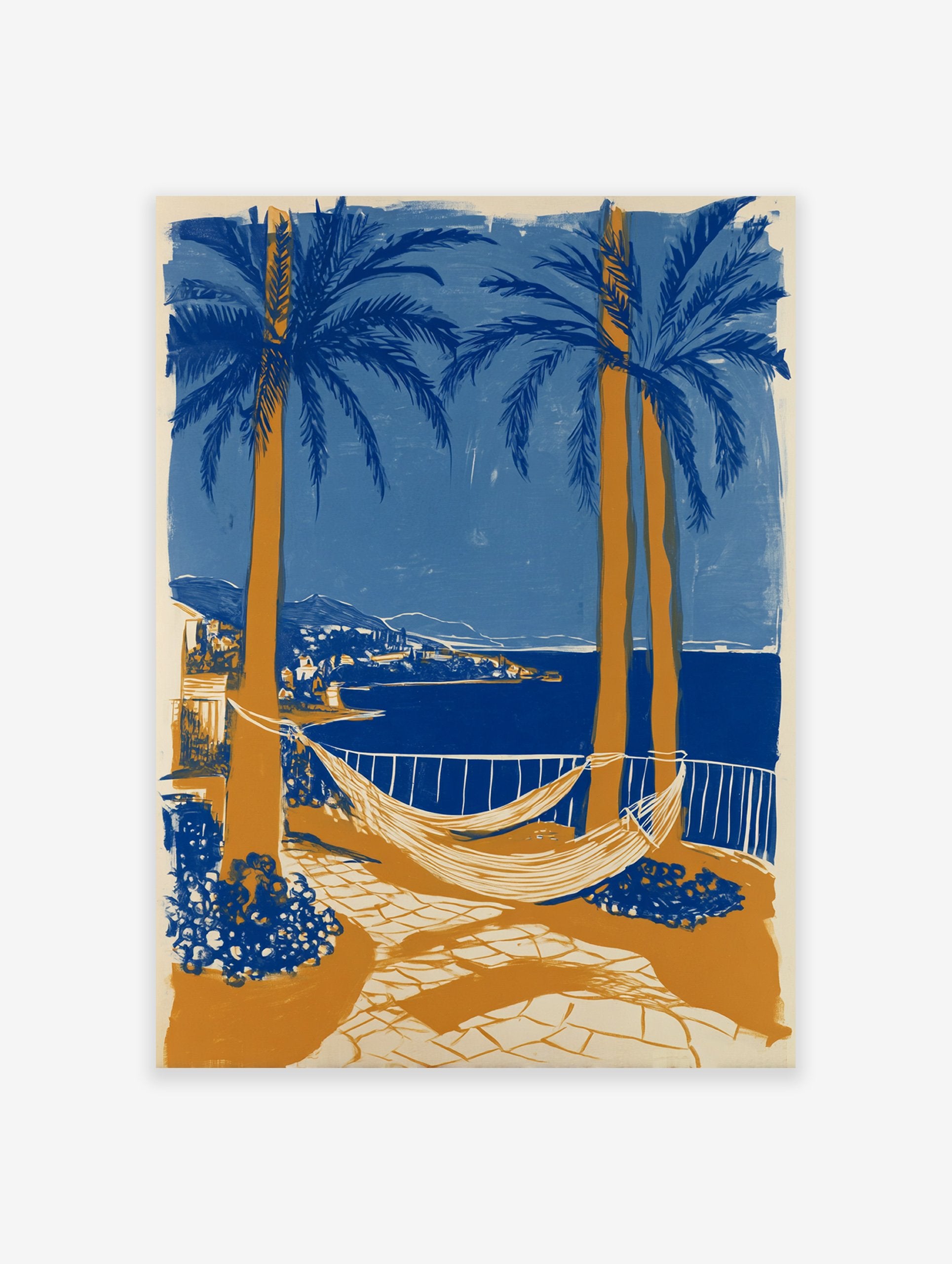 Coastal landscape poster with blue palm trees, orange trunks, white hammocks, a blue sea, and a distant town.