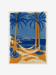 Coastal landscape poster with blue palm trees, orange trunks, white hammocks, a blue sea, and a distant town.