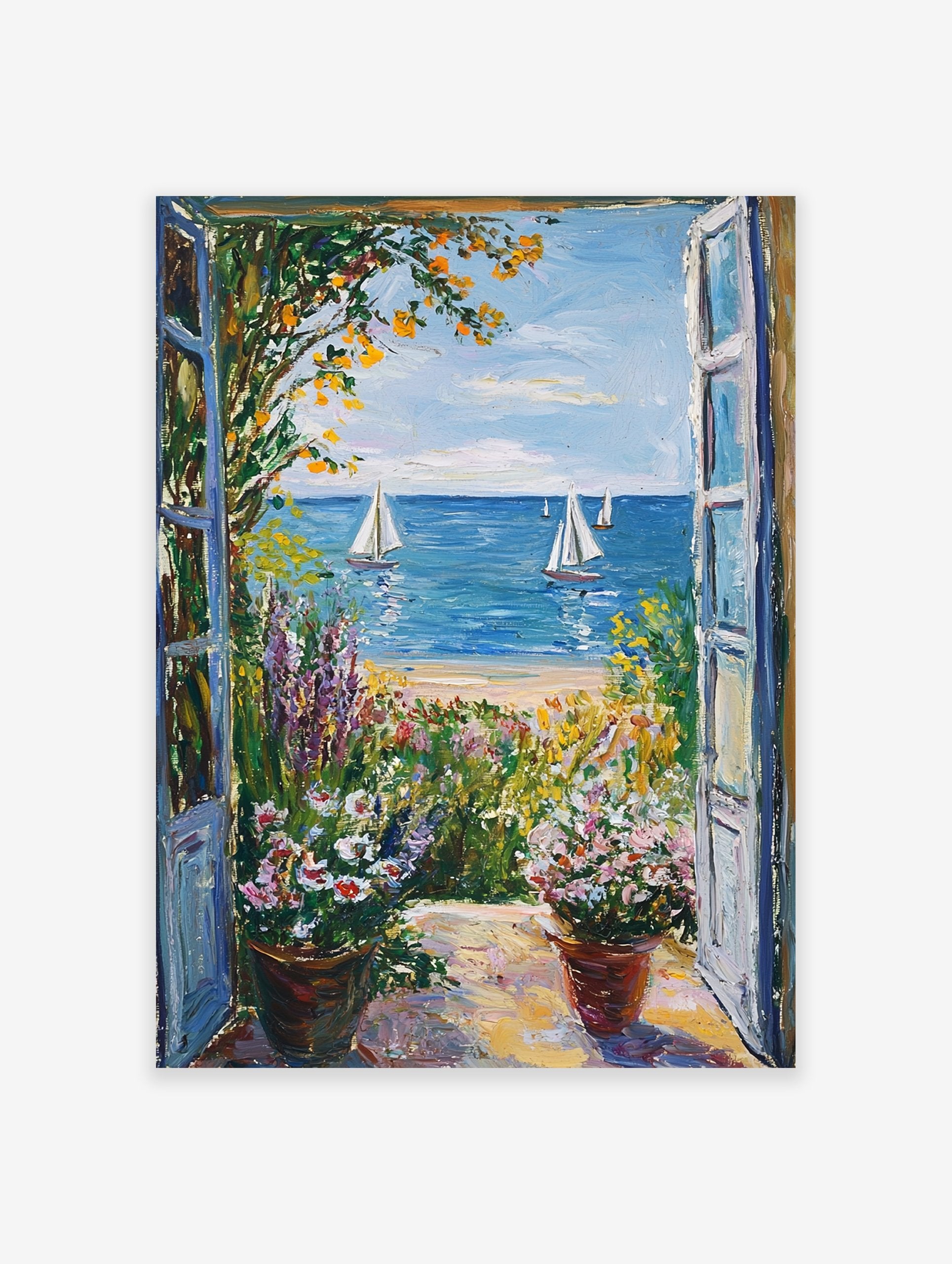 Impressionistic coastal landscape poster showing a vibrant garden view looking out onto a blue ocean with sailboats and a sandy beach.