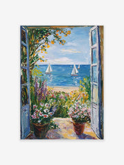 Impressionistic coastal landscape poster showing a vibrant garden view looking out onto a blue ocean with sailboats and a sandy beach.