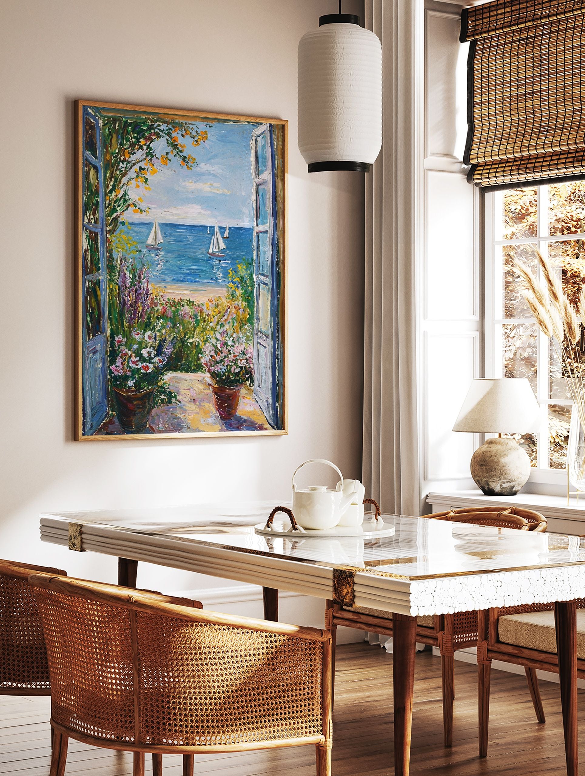 Impressionistic coastal landscape poster showing a vibrant garden view looking out onto a blue ocean with sailboats and a sandy beach. - Image 2