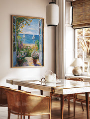 Impressionistic coastal landscape poster showing a vibrant garden view looking out onto a blue ocean with sailboats and a sandy beach. - Image 2