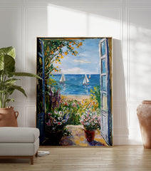 Impressionistic coastal landscape poster showing a vibrant garden view looking out onto a blue ocean with sailboats and a sandy beach. - Image 3