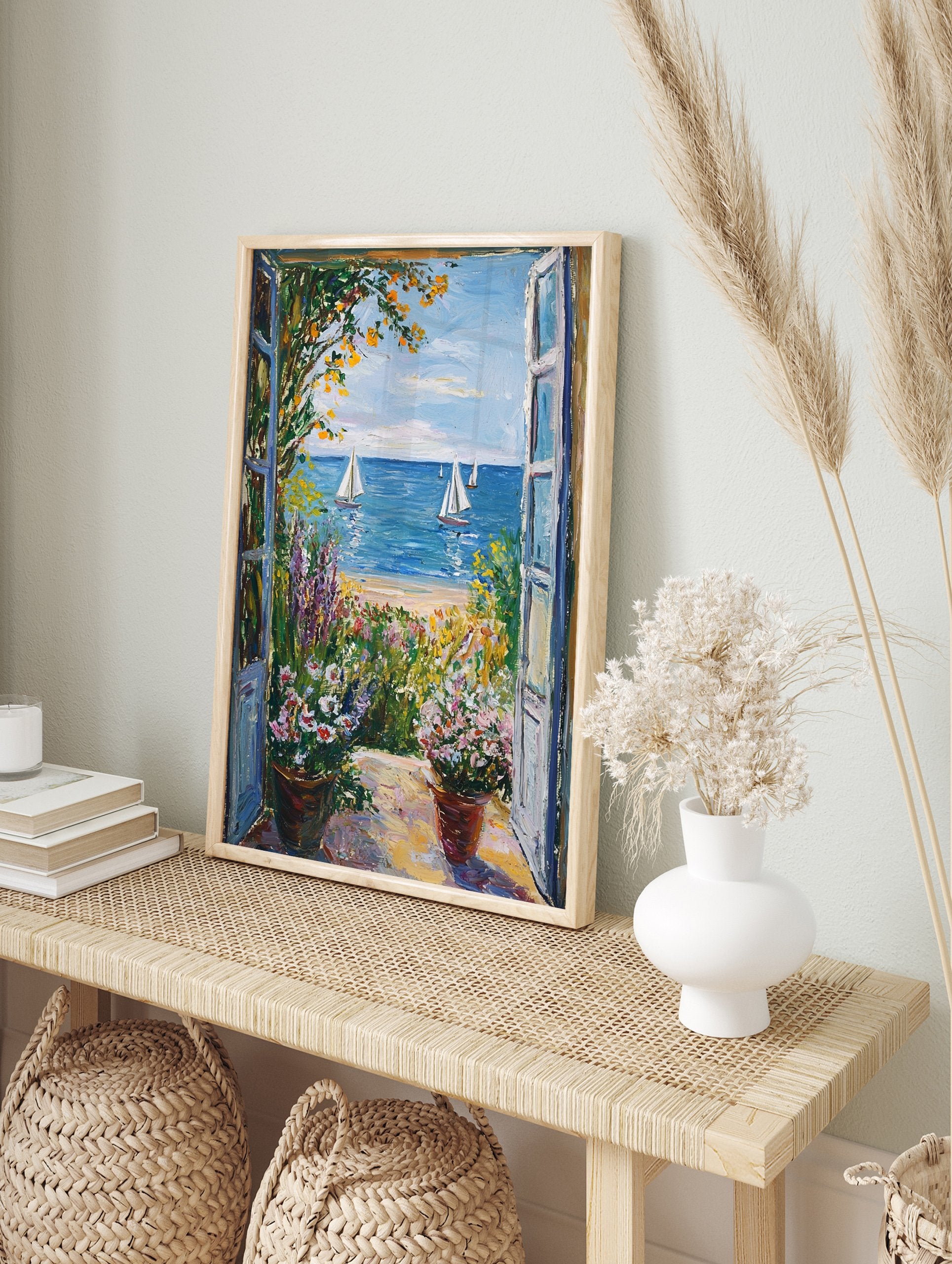 Impressionistic coastal landscape poster showing a vibrant garden view looking out onto a blue ocean with sailboats and a sandy beach. - Image 4