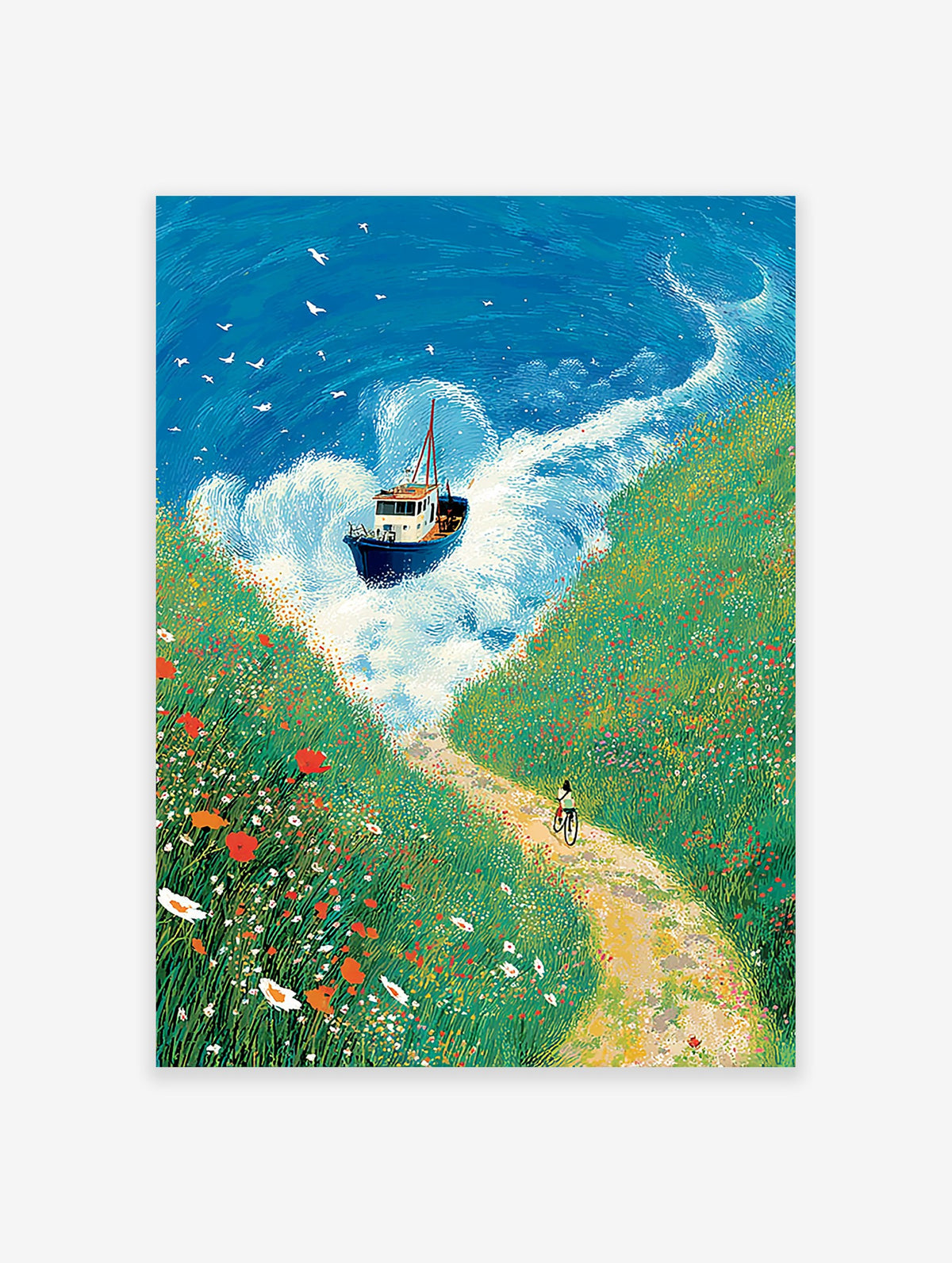 Illustrated coastal landscape wall art with a boat on blue waves, green wildflower cliffs, and a person cycling on a dirt path.