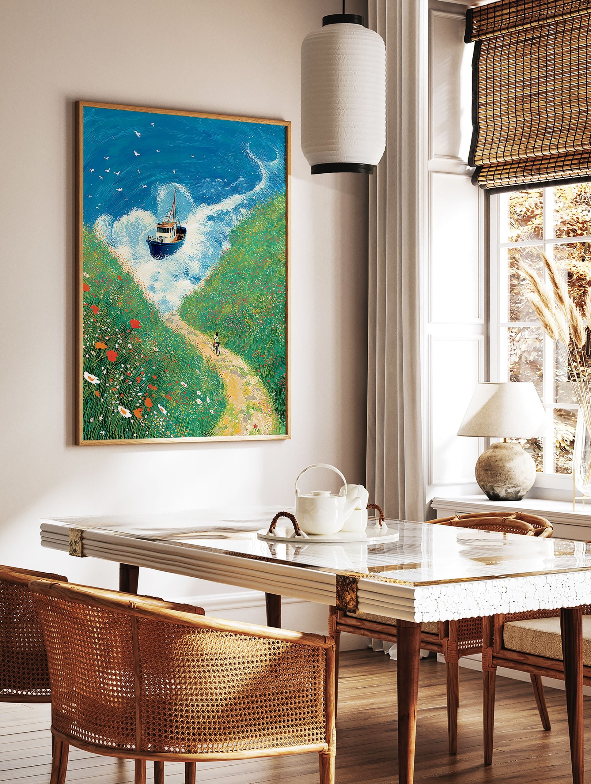 Illustrated coastal landscape wall art with a boat on blue waves, green wildflower cliffs, and a person cycling on a dirt path. - Image 2