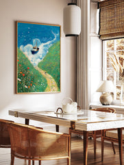 Illustrated coastal landscape wall art with a boat on blue waves, green wildflower cliffs, and a person cycling on a dirt path. - Image 2
