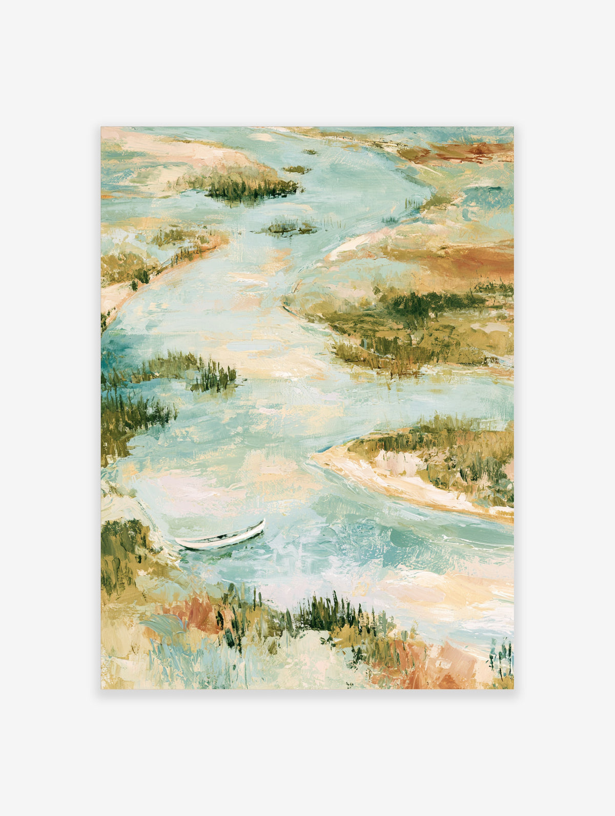 Coastal landscape art print of a white boat on a winding river with sandy banks and green marsh grass