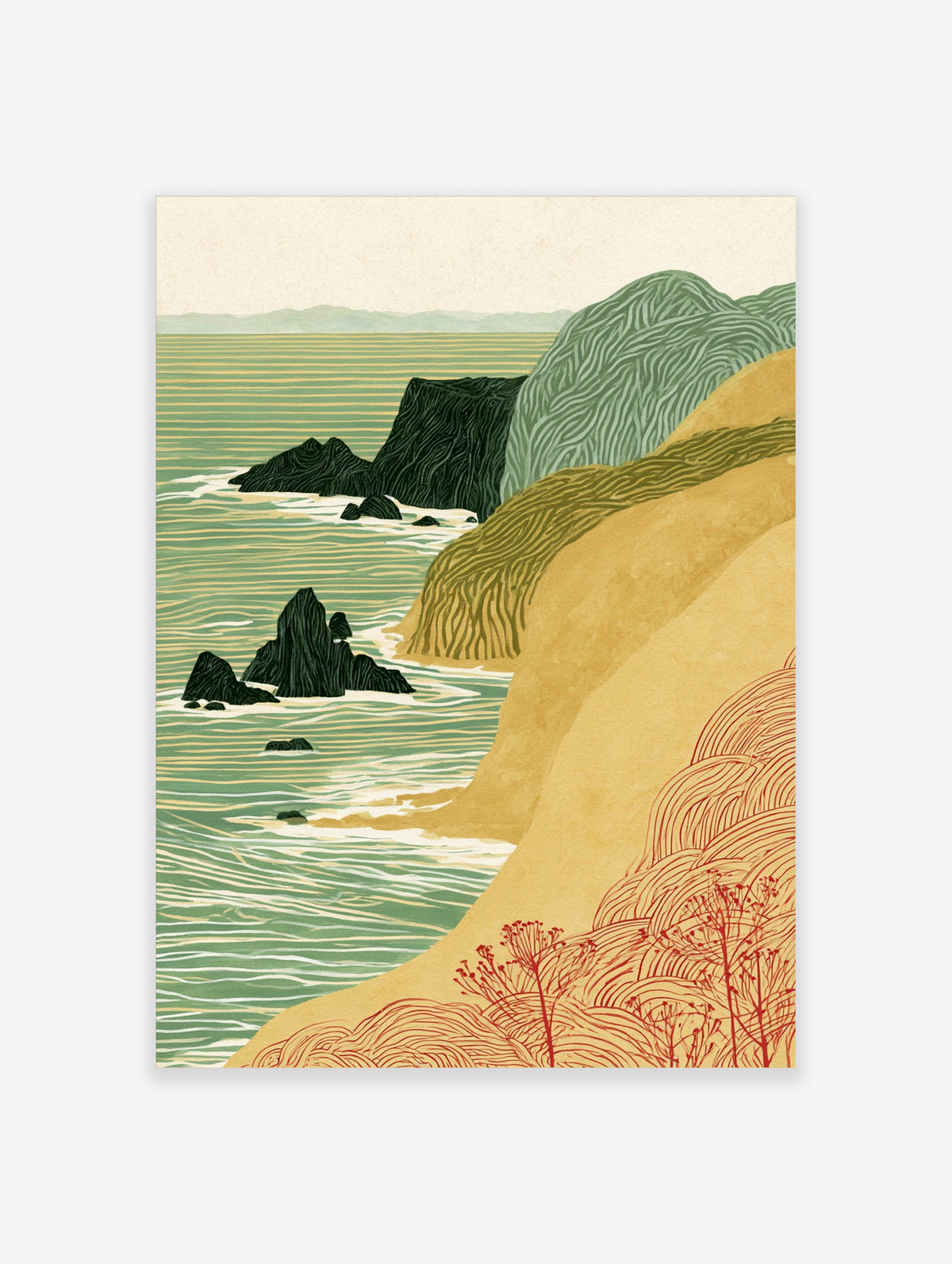 Coastal landscape art print with green waves, dark rocks, yellow cliff and red plants