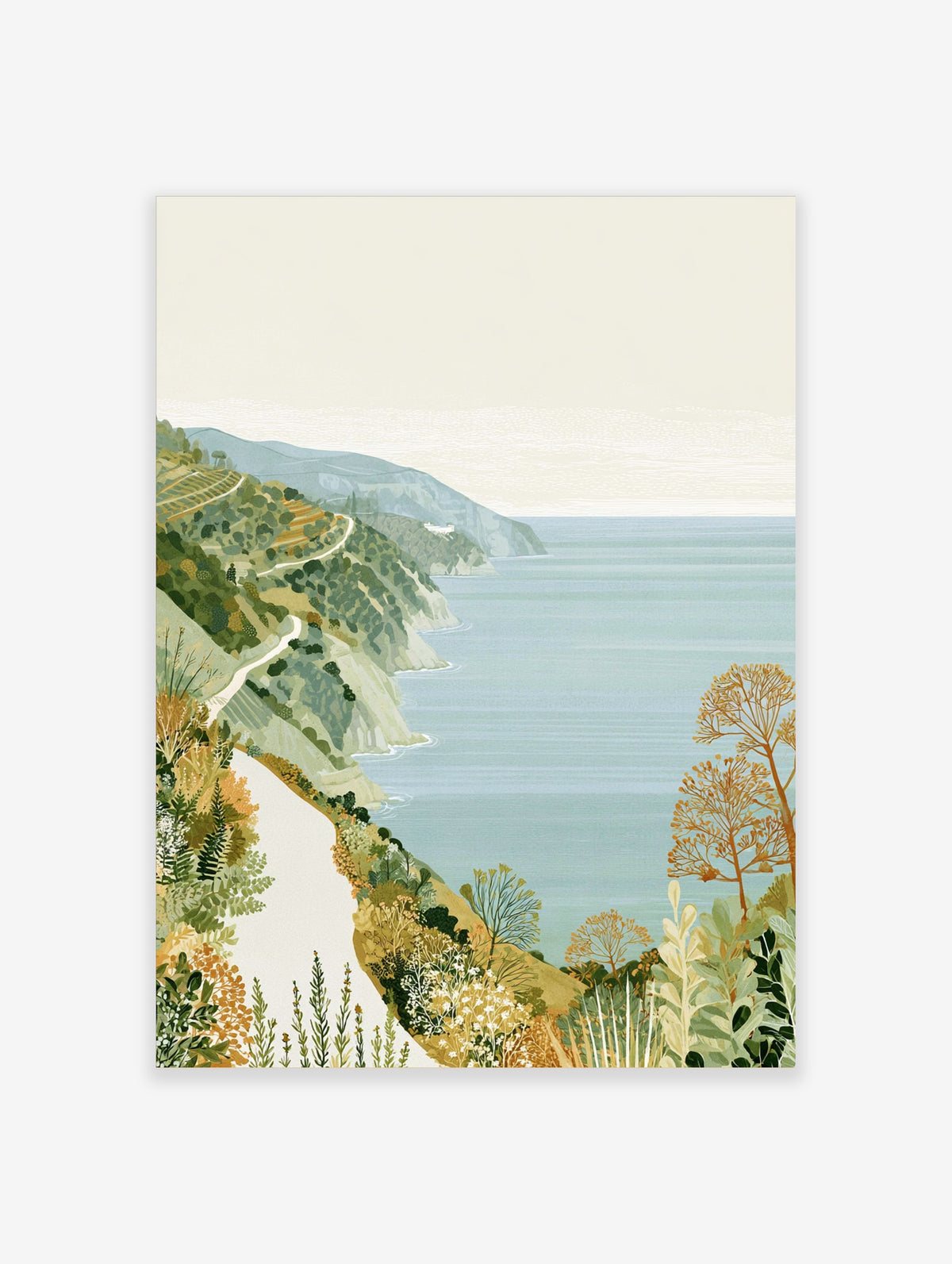 Coastal landscape art print with winding path, terraced green hills, and blue sea