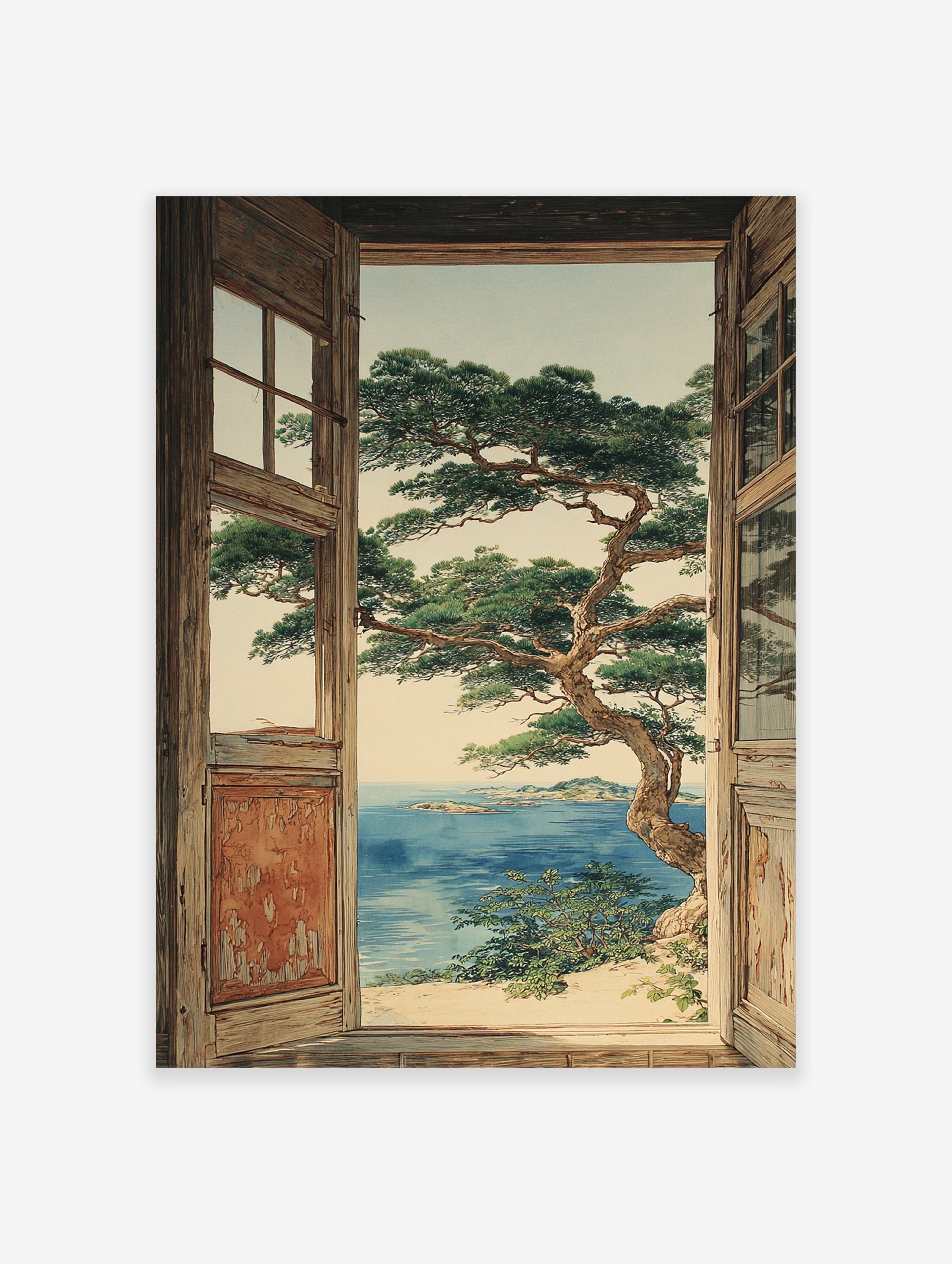 Coastal landscape wall art showing an ocean view with a large pine tree through a rustic wooden window frame.