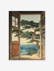 Coastal landscape wall art showing an ocean view with a large pine tree through a rustic wooden window frame.