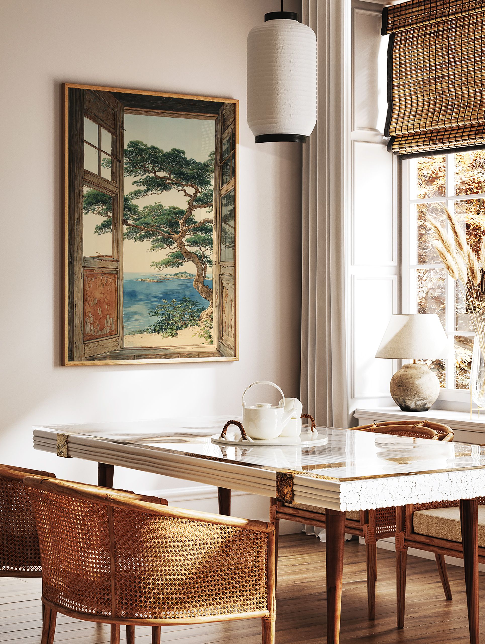 Coastal landscape wall art showing an ocean view with a large pine tree through a rustic wooden window frame. - Image 2