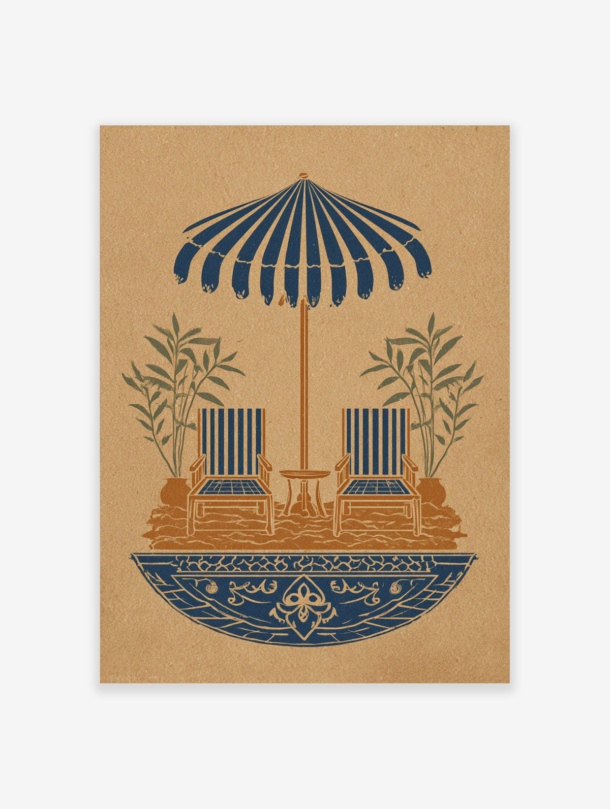 Illustrative print of striped parasol, two lounge chairs, table, plants in blue and brown on textured background