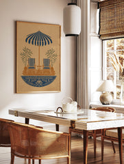 Illustrative print of striped parasol, two lounge chairs, table, plants in blue and brown on, in a styled room mockup