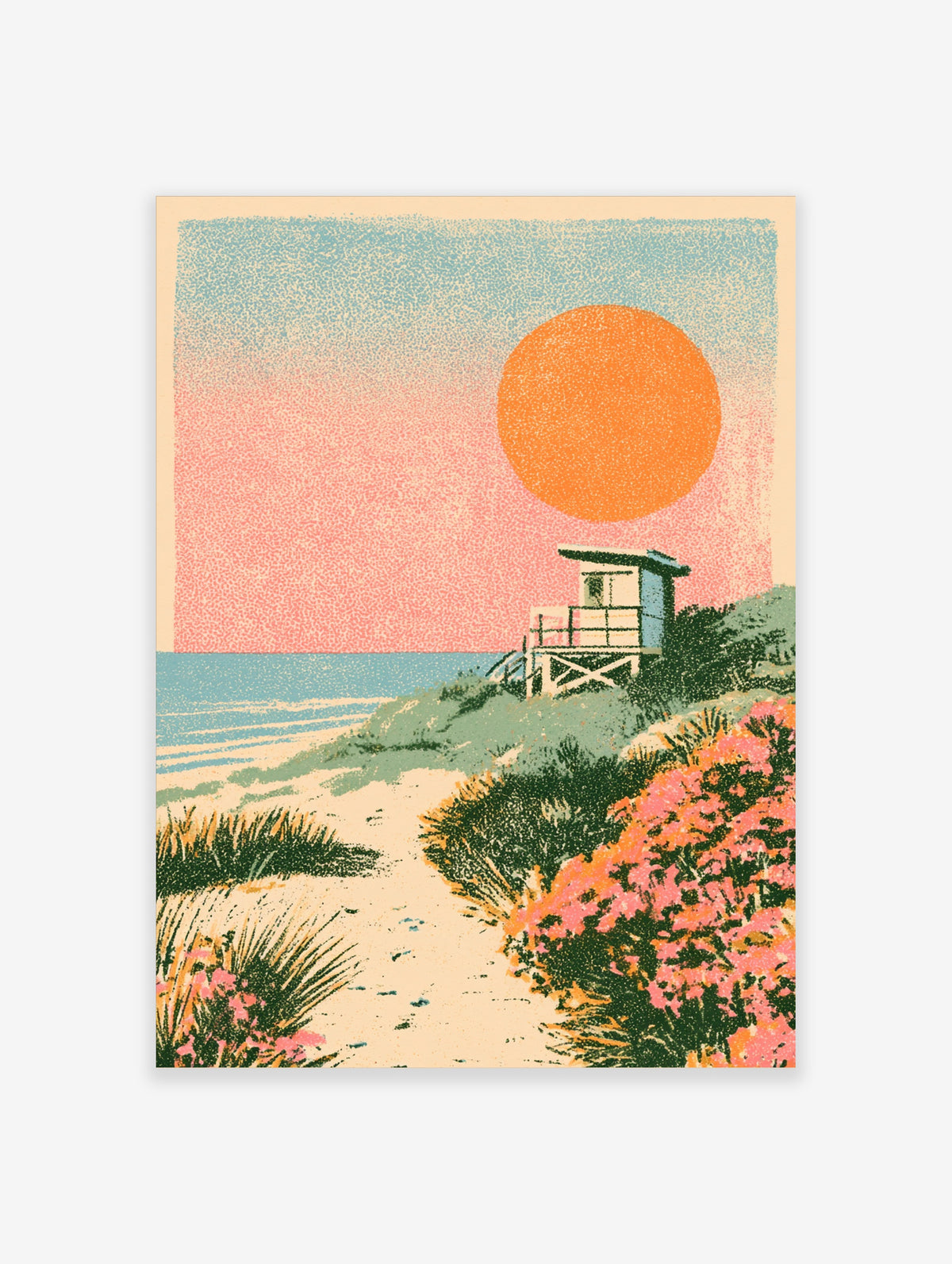 Retro coastal poster of a lifeguard hut on dunes with orange sun, pink sky and sandy path