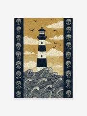 Illustrative print of a striped lighthouse in dark blue and golden-beige, with crashing waves, birds, and decorative borders
