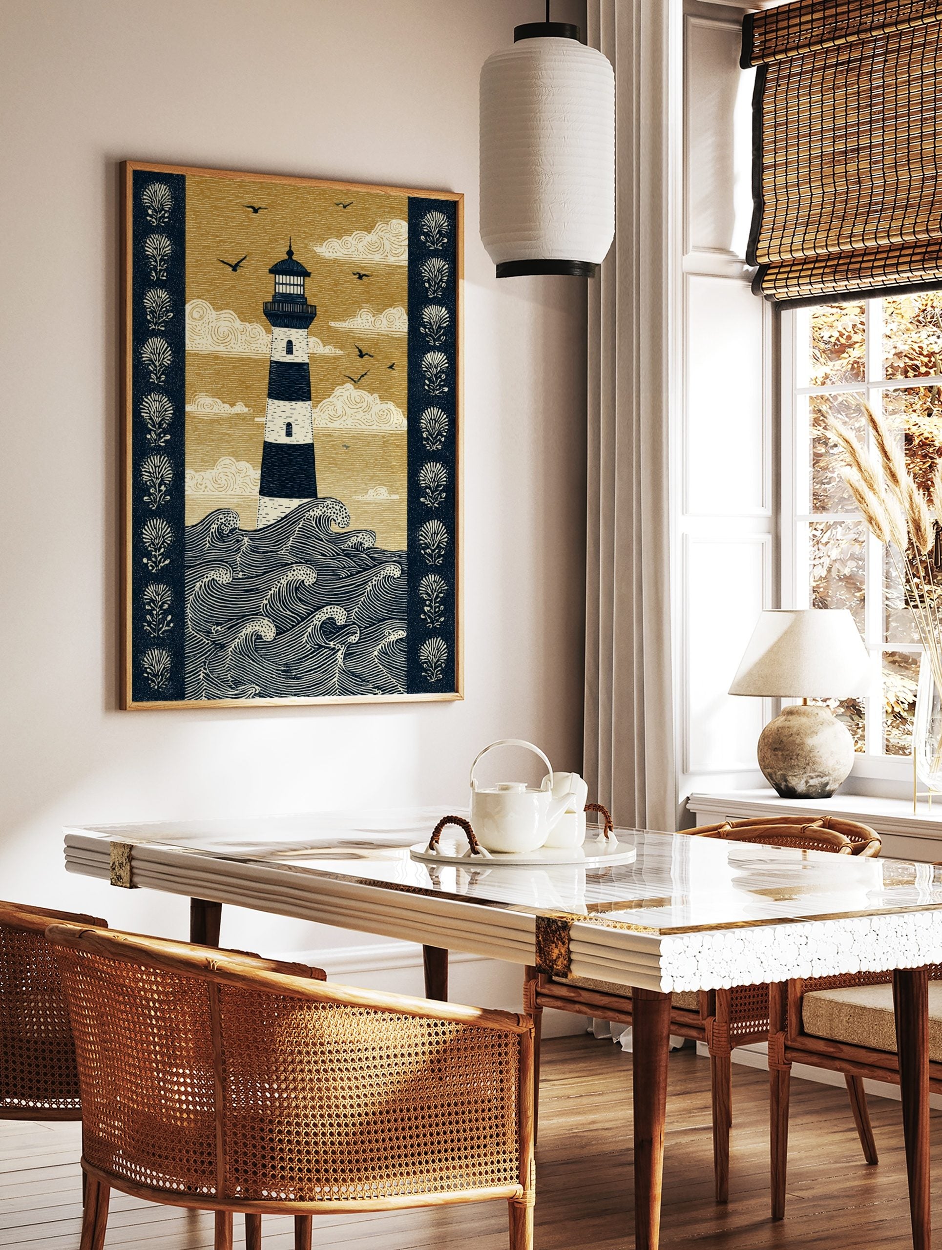 Illustrative print of a striped lighthouse in dark blue and golden-beige, with crashing waves, in a styled room mockup
