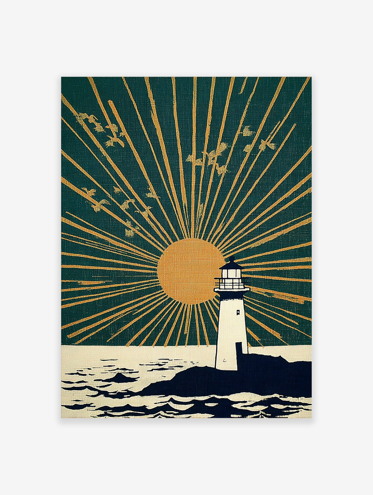 White lighthouse on rocky coast with golden sun and radiating rays in deep teal sky, birds flying, ocean waves