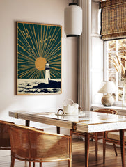 White lighthouse on rocky coast with golden sun and radiating rays in deep teal sky, birds flying, in a styled room mockup
