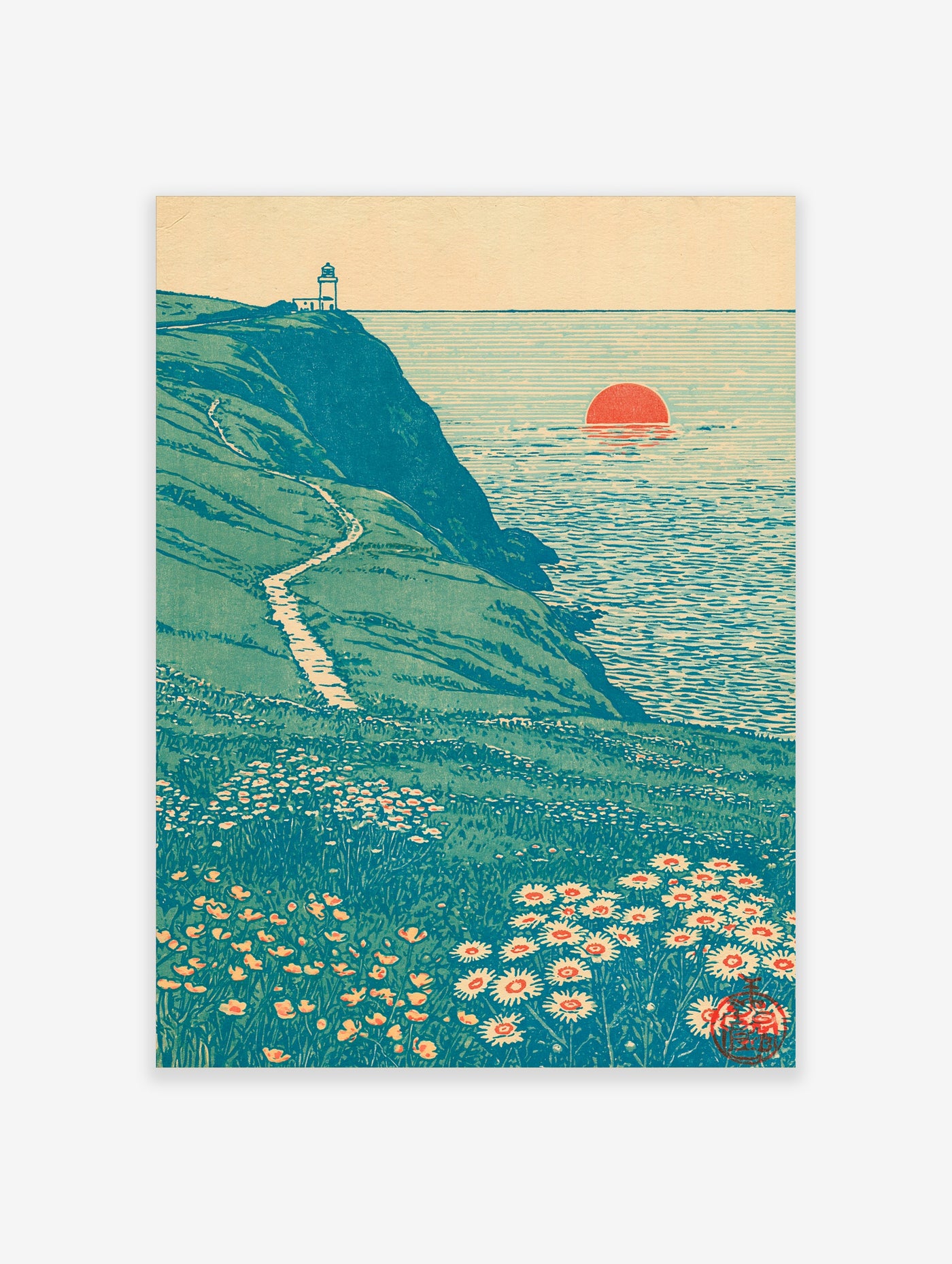 Coastal wall art print with lighthouse on green cliff, winding path, red sun over sea, and daisies in foreground