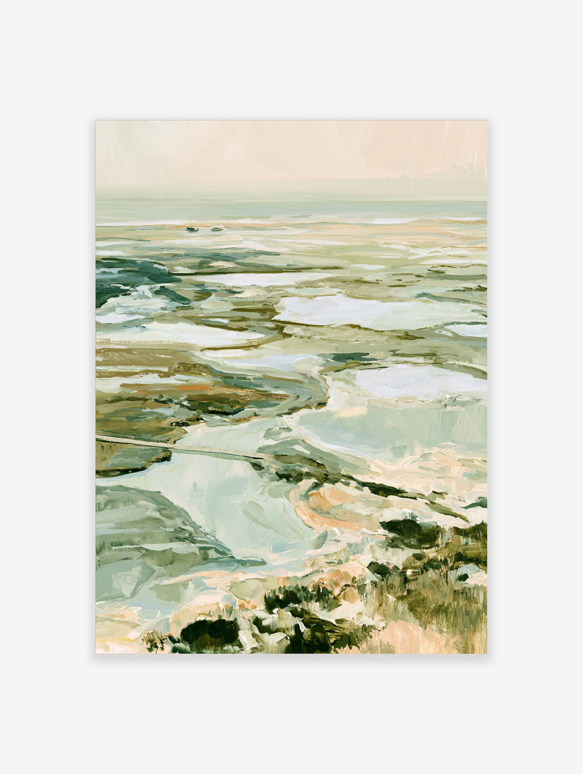 Aerial coastal marsh landscape print with tidal channels, sandbanks, and boats in green, blue, and beige