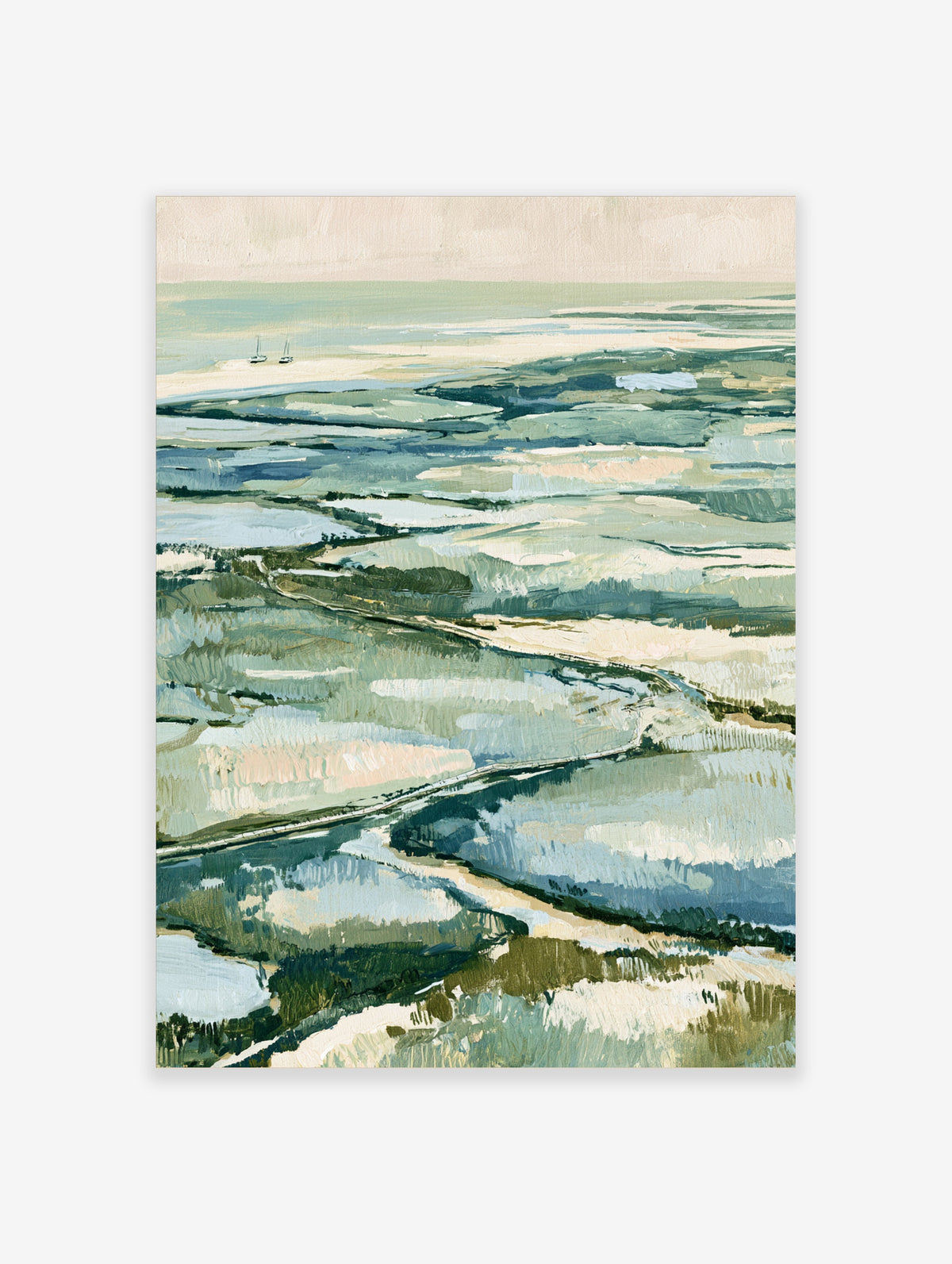 Aerial coastal marsh landscape print with blue tidal channels, sandy banks, and two sailboats near the horizon