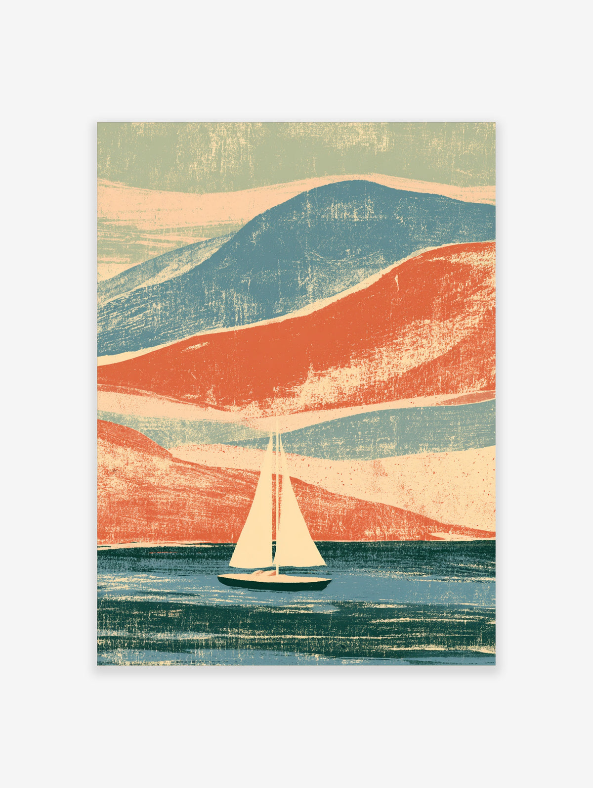 Coastal sailboat poster with cream sail on teal water and red and blue mountain layers