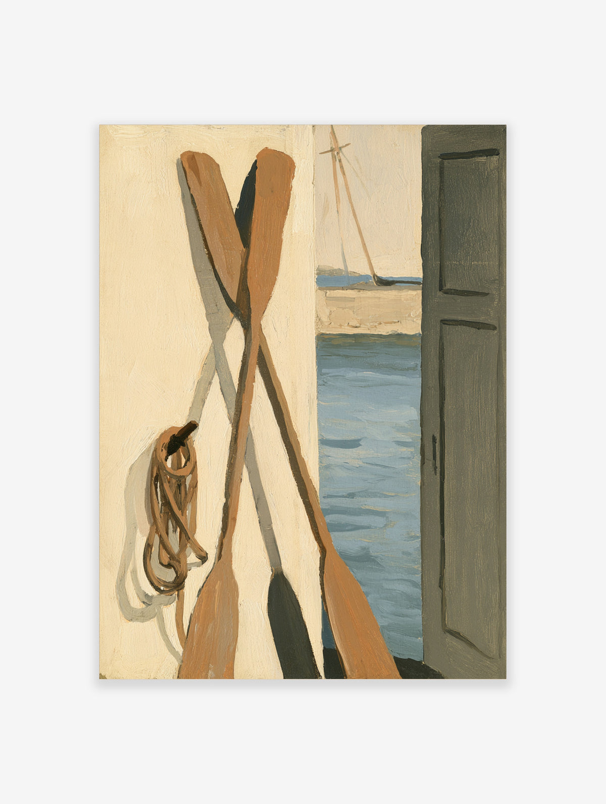 Coastal oars poster with crossed wooden oars, rope and harbour view through doorway
