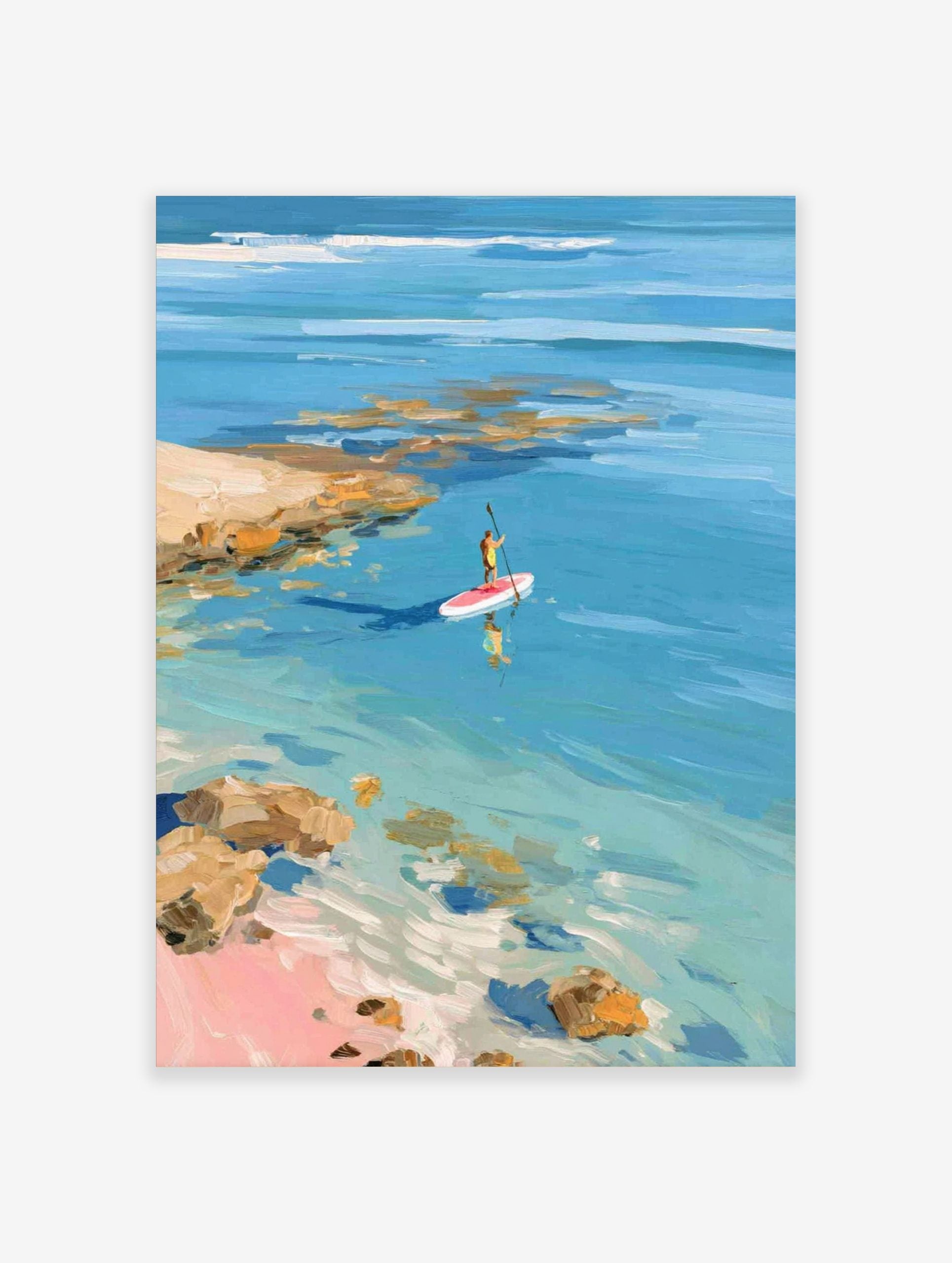 Impressionistic painting of person paddleboarding on clear blue water near rocky coast and pink sand