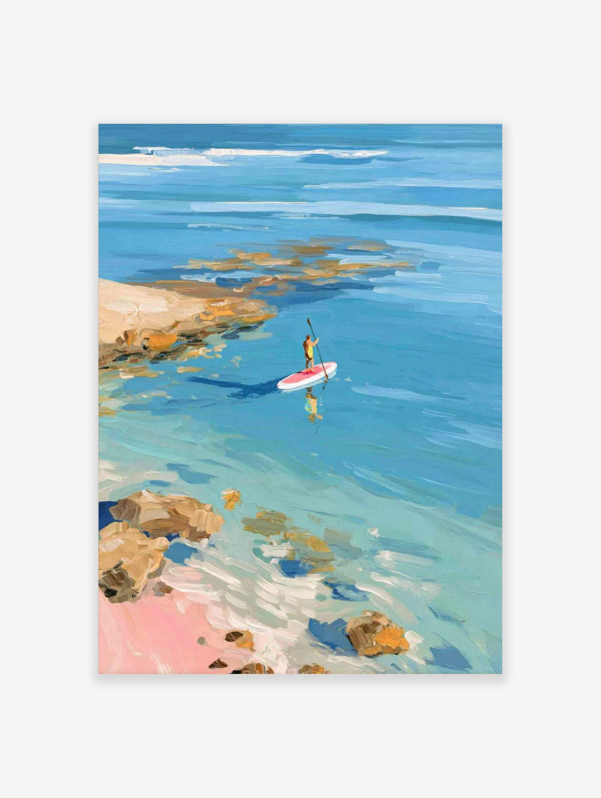 Impressionistic painting of person paddleboarding on clear blue water near rocky coast and pink sand