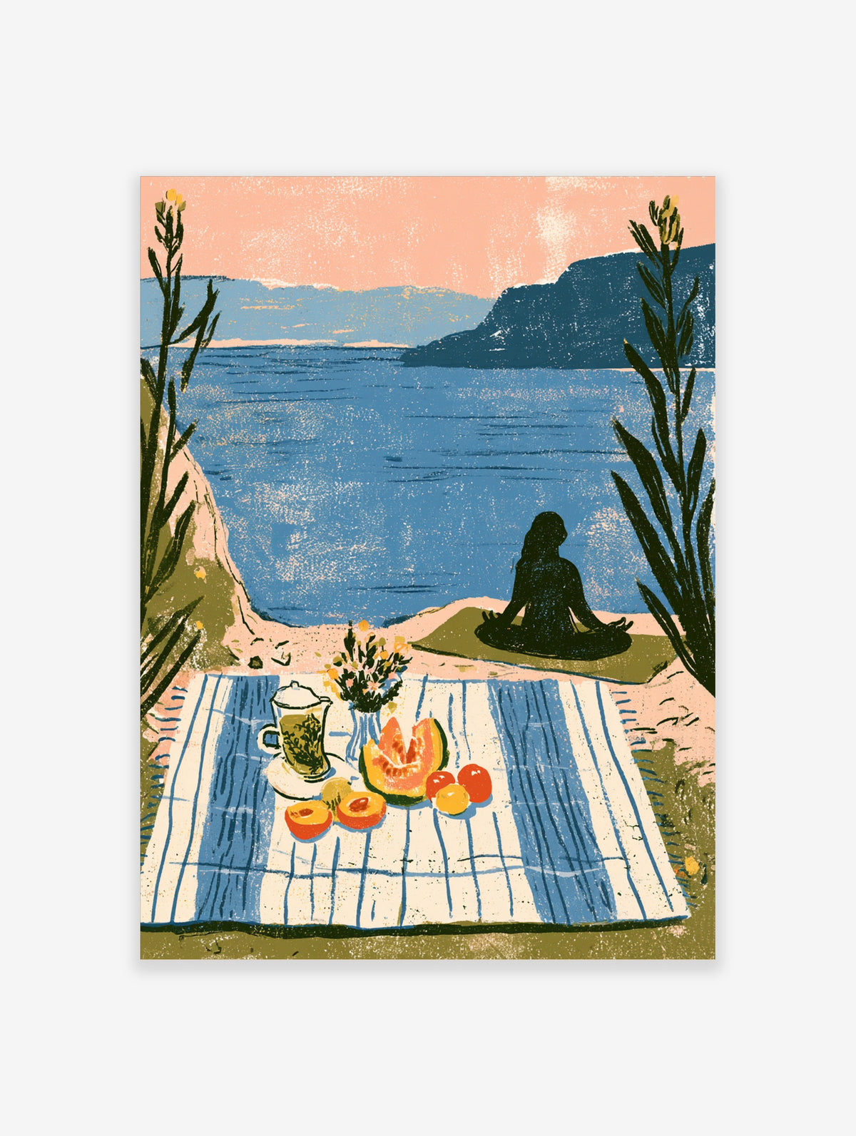 Coastal picnic poster with seated figure, striped blanket, fruit and tea by a blue sea