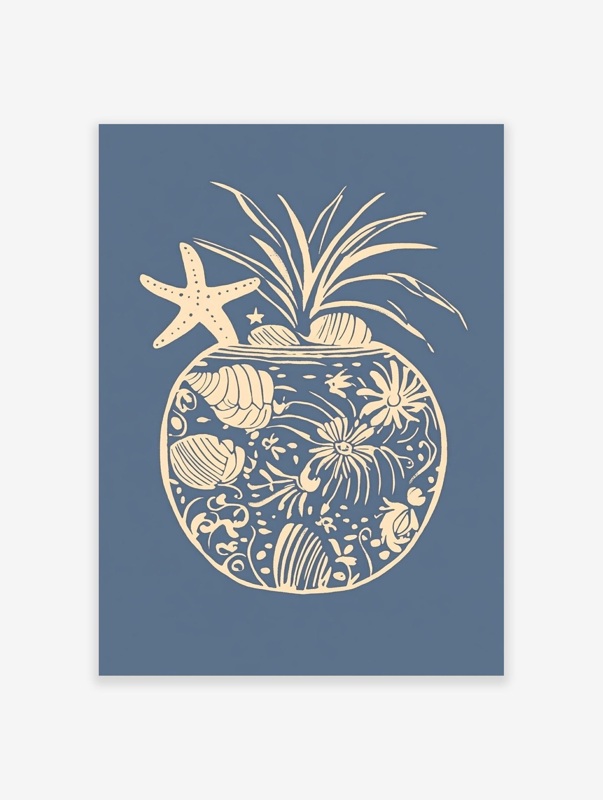 Coastal pineapple illustration with starfish, seashells, and coral elements on a blue background